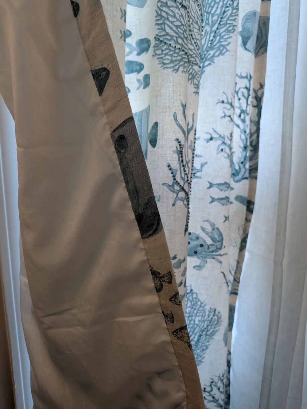 Pier 1 Coastal Beaded & Sequined Coral Curtain Panel Linen Blend Blue White